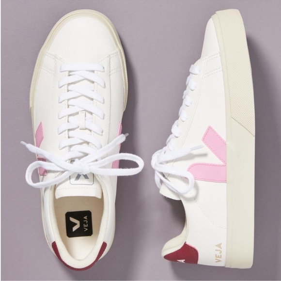 Veja Shoes - Veja White Sneakers with Pink V and Burgundy Heel Tab